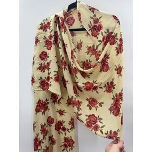 Floral Scarf Red Roses Butter Yellow Wrap Shawl Spring Garden Cottagecore Fairy